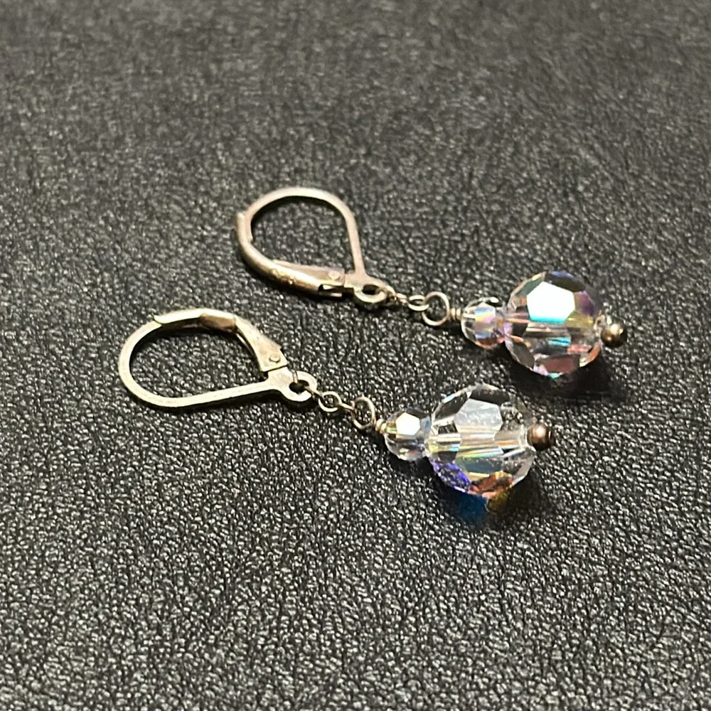 925 Silver Wire Hook Lever Back AB Clear Crystal Dangle Vintage Earrings